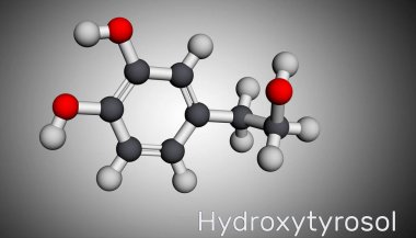 Hidroksilosol molekülü. Ekstra bakir zeytinyağında bulunan katekol, fenolik fitil kimyasalı antioksidan ve antienflamatuar aktiviteleri var. Moleküler model. 3 boyutlu görüntüleme. 3B illüstrasyon