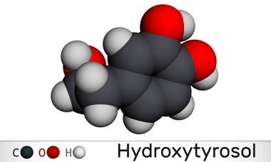 Hidroksilosol molekülü. Ekstra bakir zeytinyağında bulunan katekol, fenolik fitil kimyasalı antioksidan ve antienflamatuar aktiviteleri var. Moleküler model. 3 boyutlu görüntüleme. 3B illüstrasyon