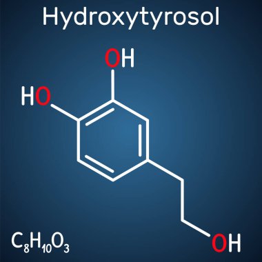 Hidroksilosol molekülü. Ekstra bakir zeytinyağında bulunan katekol, fenolik fitil kimyasalı antioksidan ve antienflamatuar aktiviteleri var. Koyu mavi arkaplanda yapısal kimyasal formül. Vektör illüstrasyonu