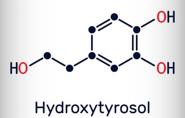 Hidroksilosol molekülü. Ekstra bakir zeytinyağında bulunan katekol, fenolik fitil kimyasalı antioksidan ve antienflamatuar aktiviteleri var. İskelet kimyasal formülü. Vektör illüstrasyonu