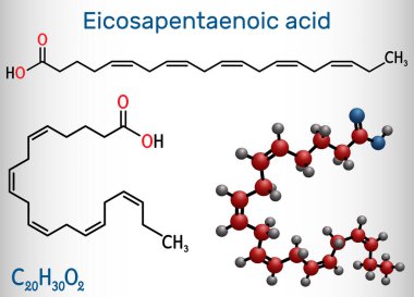 Eicosapentaenoic acid, EPA, icosapentaenoic acid, icosapent molecule. It is an omega-3 polyunsaturated long-chain fatty acid. Structural chemical formula and molecule model. Vector illustration clipart
