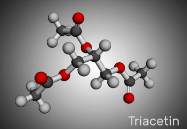 Triacetin, gliserin triasetat molekülü. Trigliserit, gliserol triester, E numarası E1518 olan gıda katkı maddesi. Moleküler model. 3 boyutlu görüntüleme. 3B illüstrasyon