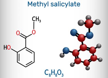 Metil salisilat, keklik üzümü yağ molekülü. Salisilik asidin metil ester 'ı, aromalı madde, metabolit, böcek çekici madde. Yapısal kimyasal formül ve molekül modeli. Vektör illüstrasyonu