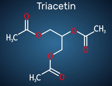 Triacetin, gliserin triasetat molekülü. Trigliserit, gliserol triester, E numarası E1518 olan gıda katkı maddesi. Koyu mavi arkaplanda yapısal kimyasal formül. Vektör illüstrasyonu