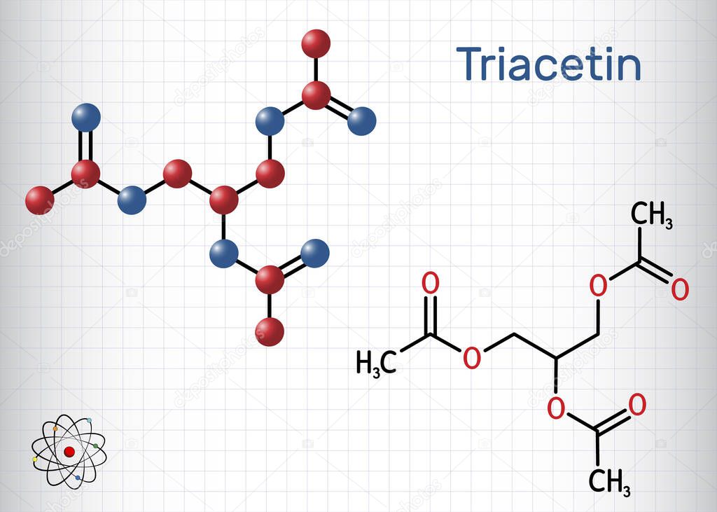 Triacetin, glycerin triacetate molecule. It is triglyceride, triester of glycerol, food additive, E1518. Structural chemical formula, molecule model. Sheet of paper in a cage. Vector illustration