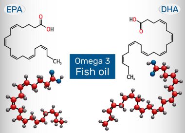 Balık yağı, Omega 3. Eicosapentaenoic asit, EPA, docosahexaenoic asit, DHA molekülü. Çoklu doymuş yağ asitleri. Vektör illüstrasyonu