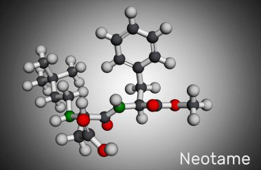 Neotam, tatlandırıcı madde, E961 molekülü. Peptit bağlantılı dipeptit, yapay tatlandırıcı, aspartam analogu. Moleküler model. 3 boyutlu görüntüleme. 3B illüstrasyon