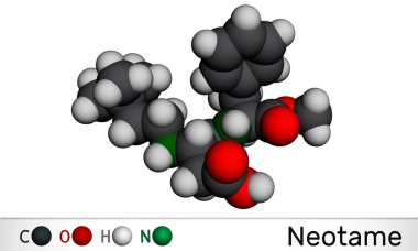 Neotam, tatlandırıcı madde, E961 molekülü. Peptit bağlantılı dipeptit, yapay tatlandırıcı, aspartam analogu. Moleküler model. 3 boyutlu görüntüleme. 3B illüstrasyon