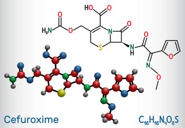 Cefuroxime molekülü. Zatürree, menenjit, otitis medyası ve sepsis tedavisinde kullanılan ikinci nesil sefalosporin antibiyotiği. Yapısal kimyasal formül, molekül modeli. Vektör illüstrasyonu