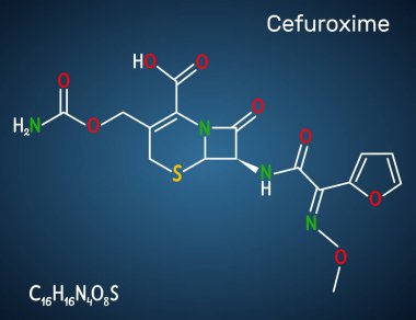Cefuroxime molekülü. Zatürree, menenjit, otitis medyası ve sepsis tedavisinde kullanılan ikinci nesil sefalosporin antibiyotiği. Koyu mavi arka plan. Vektör illüstrasyonu