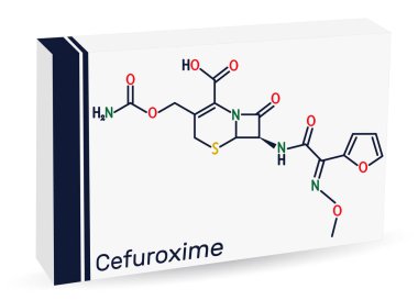 Cefuroxime molekülü. Zatürree, menenjit, otitis medyası ve sepsis tedavisinde kullanılan ikinci nesil sefalosporin antibiyotiği. Uyuşturucu için kağıt ambalaj. Vektör illüstrasyonu