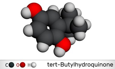 TBHQ, tert-Butylhydroquinone, üçüncül bütil hidrokinon molekülü. Antioksidan, gıda katkı maddesi E319, hidrokinonun türevi. Moleküler model. 3 boyutlu görüntüleme. 3B illüstrasyon