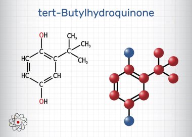 TBHQ, tert-Butylhydroquinone, üçüncül bütil hidrokinon molekülü. Antioksidan, gıda katkı maddesi E319, hidrokinonun türevi. Kafesteki bir kağıt parçası. Vektör illüstrasyonu