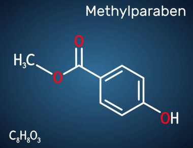 Metilparaben, metil paraben, metil 4-hidroksibenzoat molekülü. Paraben, kozmetik ürünlerinde antimikrobik koruyucu, E218. Koyu mavi arkaplanda yapısal kimyasal formül. Vektör illüstrasyonu