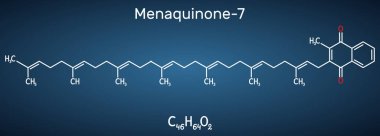 Menachinon-7, MK-7 molecule. It is vitamin K2, menaquinone. Structural chemical formula on the dark blue background. Vector illustration clipart
