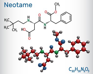 Neotame, tatlandırıcı madde, E961 molekülü. Bu dipeptid, yapay tatlandırıcı, aspartam analogu. Yapısal kimyasal formül, molekül modeli. Vektör illüstrasyonu