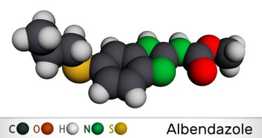 Albendazol molekülü. Geniş spektrumlu, sentetik benzimidazol türevli antelmintiktir ve parazit solucan istilasının tedavisinde kullanılır. Moleküler model. 3 boyutlu görüntüleme. 3B illüstrasyon
