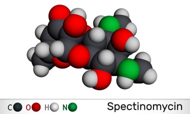 Spektinomisin molekülü. Pyranobenzodioxin, aminocyclitol aminoglycoside antibiyotiği. Belsoğukluğu tedavisinde kullanılır. Moleküler model. 3 boyutlu görüntüleme. 3B illüstrasyon