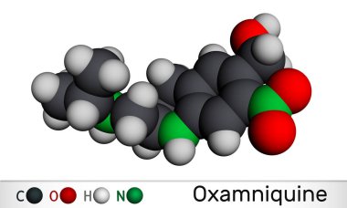Oxamniki molekülü. Schistosoma mansoni 'ye karşı şistozomiazis' i tedavi etmek için kullanılan şistozomisid aktivitesi olan quinoline 'in bir üyesidir. Moleküler model. 3 boyutlu görüntüleme. 3B Görüntü