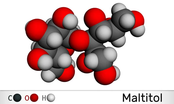Maltitol molecule. It is sweetener, sugar substitute, polyol, sugar alcohol. Molecular model. 3D rendering. 3D illustration