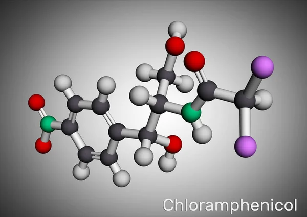 Kloramfenikolmolekyl Det Bakteriostatiskt Bredspektrumantibiotikum Molekylär Modell Återgivning Illustration — Stockfoto