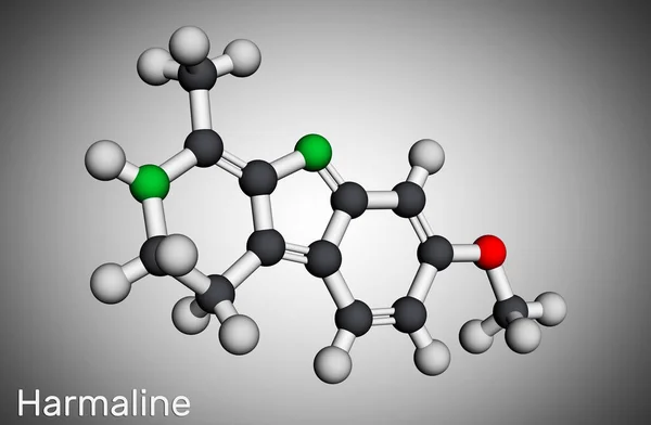 Molecola di Harmaline. È alcaloide fluorescente dell'indolo. Modello molecolare. Rendering 3D — Foto Stock