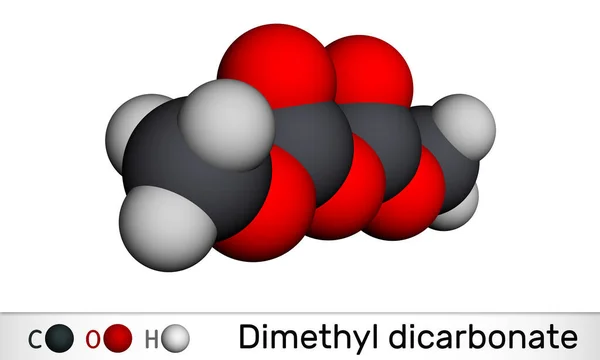 Dimetil dicarbonato, DMDC, velcorina, molecola di dimetil pirocarbonato. È conservante della bevanda, sterilizzante, additivo alimentare E242. Modello molecolare. Rendering 3D — Foto Stock