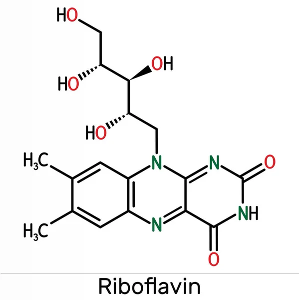 Riboflavina, molécula de vitamina B2. Es flavina soluble en agua, se encuentra en los alimentos, se utiliza como suplemento dietético E101. Fórmula química esquelética — Foto de Stock