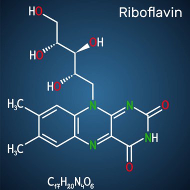 Riboflavin, B2 vitamini molekülü. Besin takviyesi olarak kullanılan besinlerde bulunan, suda çözünen bir flavin. Koyu mavi arkaplanda yapısal kimyasal formül