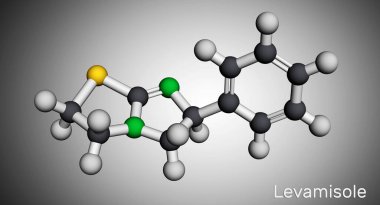 Levamisole molekülü. Parazitik, viral ve bakteriyel enfeksiyonların tedavisi için kullanılan anti-helminik bir ilaç. Moleküler model. 3 boyutlu görüntüleme. 3B illüstrasyon