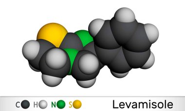 Levamisole molekülü. Parazitik, viral ve bakteriyel enfeksiyonların tedavisi için kullanılan anti-helminik bir ilaç. Moleküler model. 3 boyutlu görüntüleme. 3B illüstrasyon