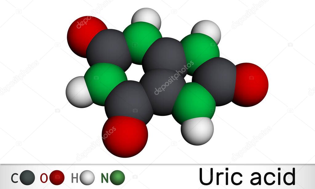 Uric acid molecule. It is heterocyclic compound, crystalline product of protein metabolism, found in the blood and urine. Molecular model. 3D rendering. 3D illustration