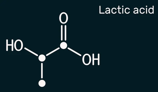 Acido lattico, lattato, zucchero del latte, molecola C3H6O3. È additivo alimentare E270 e alfa-idrossiacido AHA. Formula chimica scheletrica sullo sfondo blu scuro — Foto Stock