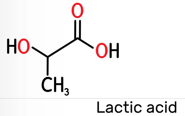 乳酸、乳酸、ミルクシュガー、 C3H6O3分子。食品添加物E270と α -ヒドロキシ酸AHAです。骨格化学式 — ストック写真