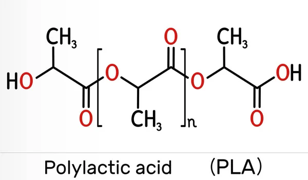 Kyselina polylaktická, polylaktid, molekula PLA. Je to polymer, bioplastický, termoplastický polyester. Chemický vzorec kostry — Stock fotografie