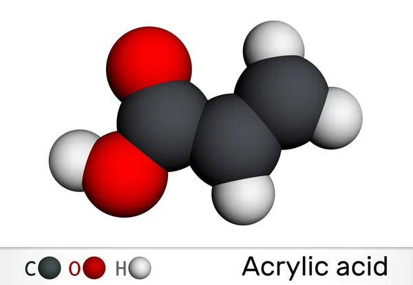Kwas akrylowy, cząsteczka kwasu propenowego. To nienasycony kwas monokarboksylowy. Model molekularny. Renderowanie 3D — Zdjęcie stockowe