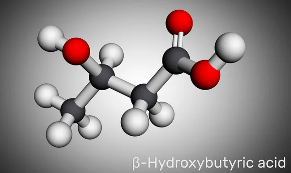 Acido beta-idrossibutirrico, molecola di acido 3-idrossibutirrico. È beta acido idrossiacido, è precursore di poliesteri, plastiche biodegradabili. Modello molecolare. Rendering 3D — Foto Stock
