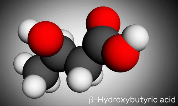 Kyselina beta-hydroxymáselná, molekula kyseliny 3-hydroxymáselné. Je to kyselina beta hydroxylová, je prekurzorem polyesterů, biologicky rozložitelných plastů. Molekulární model. 3D vykreslování — Stock fotografie