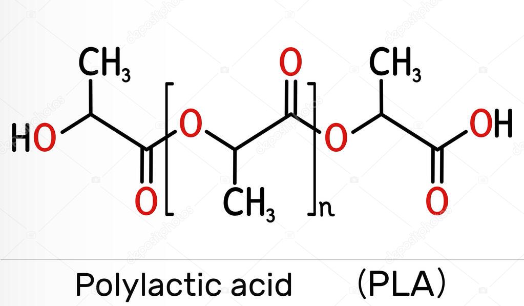 Polylactic acid, polylactide, PLA molecule. It is polymer, bioplastic, thermoplastic polyester. Skeletal chemical formula