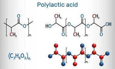 Polylactic acid, polylactide, PLA molecule. It is polymer, bioplastic, thermoplastic polyester. Structural chemical formula and molecule model clipart
