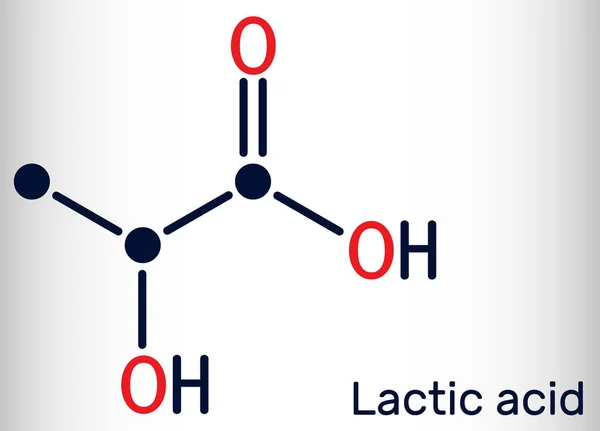 Ácido láctico, lactato, açúcar do leite, molécula de C3H6O3. É aditivo alimentar E270 e ácido alfa-hidroxi AHA. Fórmula química esquelética — Vetor de Stock