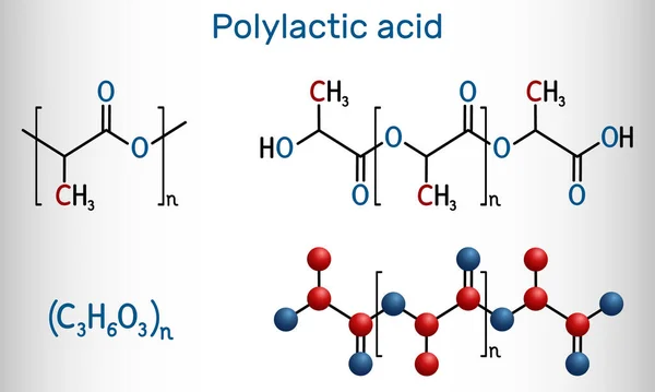 Ácido poliláctico, polilactida, molécula de PLA. Es polímero, bioplástico, poliéster termoplástico. Fórmula química estructural y modelo molecular — Vector de stock