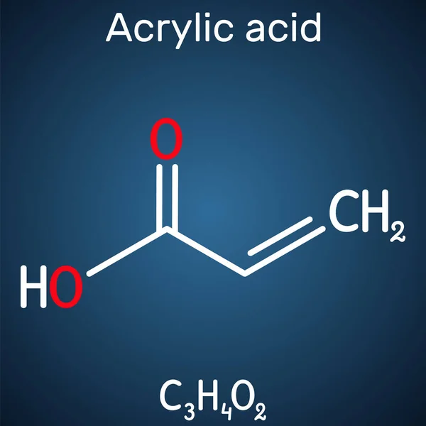 Ácido acrílico, molécula de ácido propenóico. É ácido monocarboxílico insaturado. Fórmula química estrutural no fundo azul escuro —  Vetores de Stock