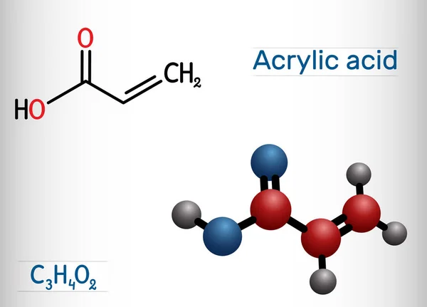 Acrylsäure, Propensäure-Molekül. Es handelt sich um ungesättigte Monocarbonsäure. Strukturchemische Formel und Molekülmodell. — Stockvektor