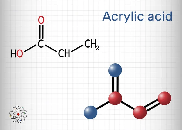 Acido acrilico, molecola di acido propenoico. È acido monocarbossilico insaturo. Formula chimica strutturale e modello molecolare. Foglio di carta in una gabbia — Vettoriale Stock