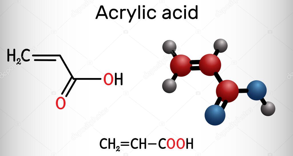 Acrylic acid, propenoic acid molecule. It is unsaturated monocarboxylic acid. Structural chemical formula and molecule model.