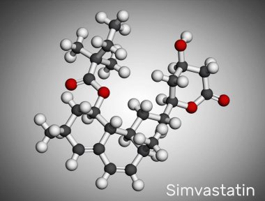 Simvastatin, molekül. Statin sınıfına ait, lipid düşürücü ilaç. Moleküler model. 3 boyutlu görüntüleme. 3B illüstrasyon