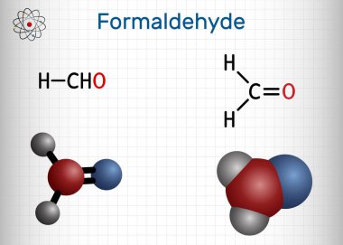 Formaldehit, metanol, metilen oksit, metilaldehit, oksometan molekülü. Aldehitlerin en basiti, sulu çözelti formalindir. Kafesteki bir kağıt parçası. Vektör illüstrasyonu