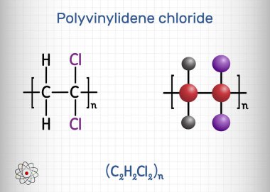 Polivinylidene klorür, polivinylidene diklorür, PVDC molekülü. Vinylidene klorür homolimeridir. Kafesteki bir kağıt parçası. Vektör illüstrasyonu