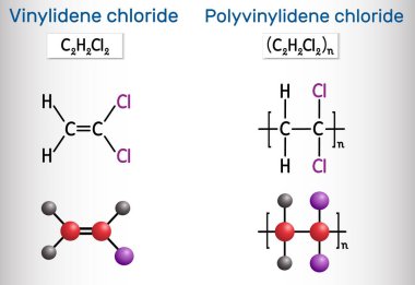 1,1-Dichloroethene (vinylidene chloride, DCE) and Polyvinylidene chloride (polyvinylidene dichloride, PVDC) molecule. Polyvinylidene chloride is homopolymer of vinylidene chloride. Vector illustration clipart
